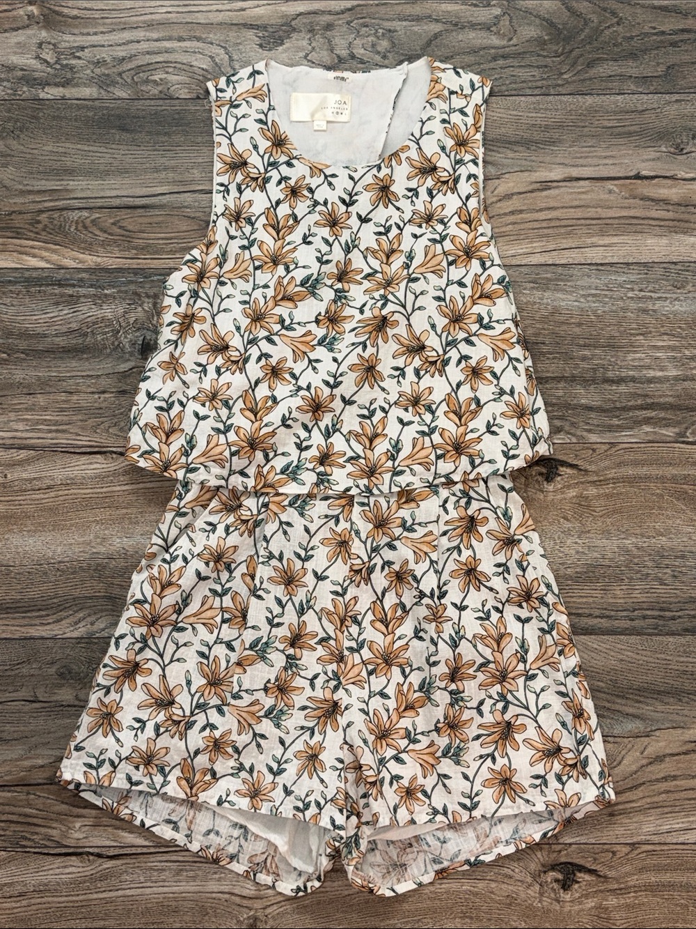 J.O.A. White Floral Sleeveless Romper with Mustard and Green Print